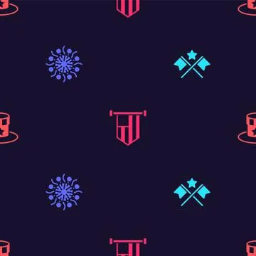 Set American flag, Firework,  and Patriotic top hat on seamless pattern. Vect Stock Illustration