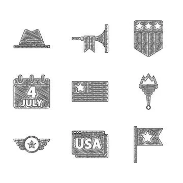 Set American flag, USA on browser, Torch flame, Star military, Calendar wit.. Stock Illustration