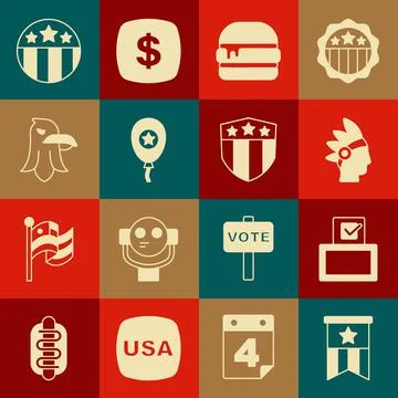 Set American flag, Vote box, Native Indian, Burger, Balloons, Eagle, Medal with Stock Illustration