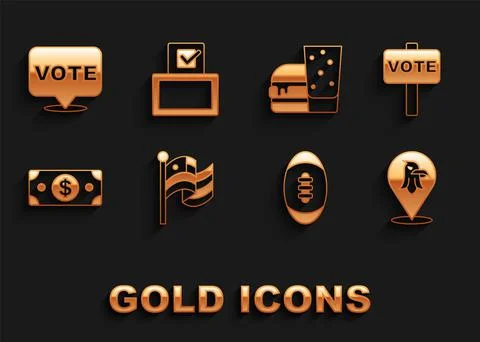 Set American flag, Vote, Eagle, Football ball, Stacks paper money cash, Burger Illustrazione stock