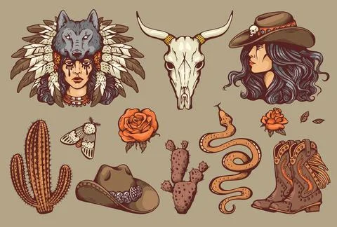 Set of american gothic elements in engraved color retro style, vector illus.. Stock Illustration