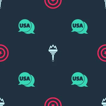 Set American star shield, Torch flame and USA label on seamless pattern. Vector 스톡 일러스트