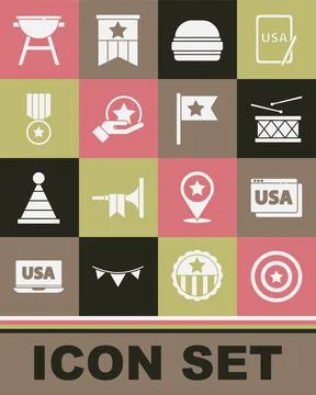 Set American star shield, USA on browser, Drum and drum sticks, Burger, Ind.. Stock Illustration