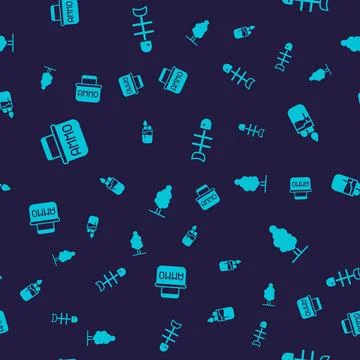 Set Ammunition box, Lighter, Dead fish and Tree on seamless pattern. Vector Illustrazione stock