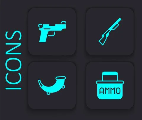 Set Ammunition box, Pistol or gun, Hunting and horn icon. Black square button Illustrazione stock