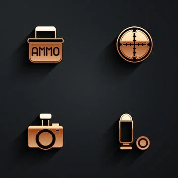 Set Ammunition box, Sniper optical sight, Photo camera and Bullet icon with long Illustrazione stock