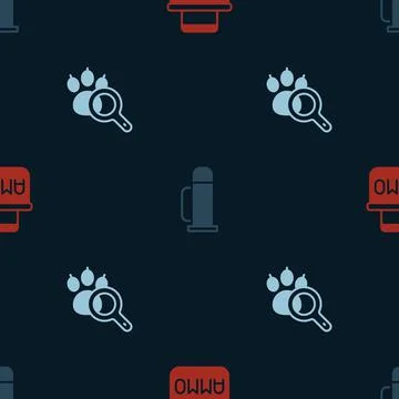 Set Ammunition box, Thermos container and Paw search on seamless pattern. Vec Illustrazione stock