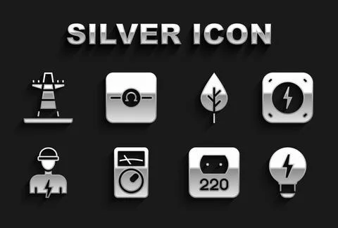 Set Ampere meter, multimeter, Lightning bolt, Creative lamp light idea, Elect Stock Illustration