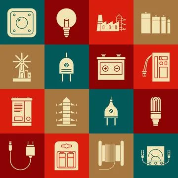 Set Ampere meter, multimeter, voltmeter, LED light bulb, Battery, Power sta.. Illustrazione stock