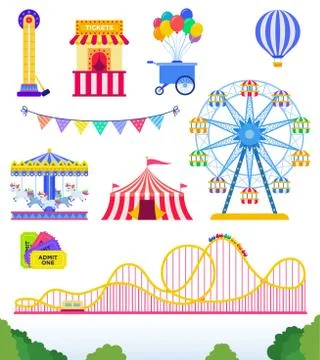 Set of Amusement park, circus. flat vector illustration. Ilustración de archivo