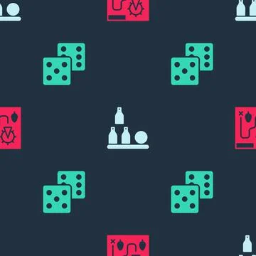 Set Amusement park map, Bottles ball and Game dice on seamless pattern. Vector Illustrazione stock