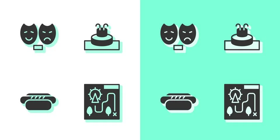 Set Amusement park map, Comedy and tragedy masks, Hotdog and Fountain icon Ilustración de archivo