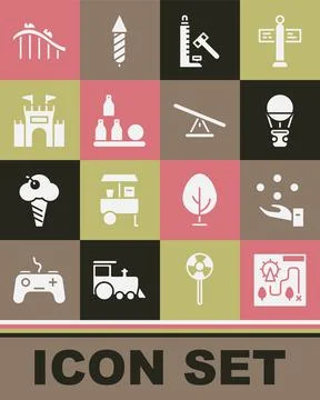 Set Amusement park map, Juggling ball, Hot air balloon, Striker attraction with Ilustración de archivo