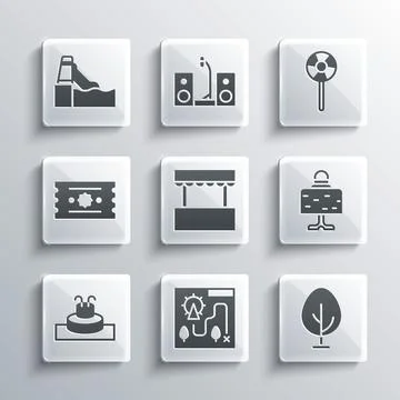 Set Amusement park map, Tree, Magic ball on table, Ticket box office, Fountain Ilustração Stock