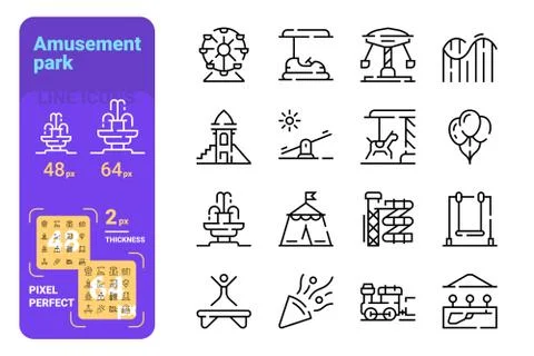 Set amusement park simple lines icons of different rides. Illustrazione stock