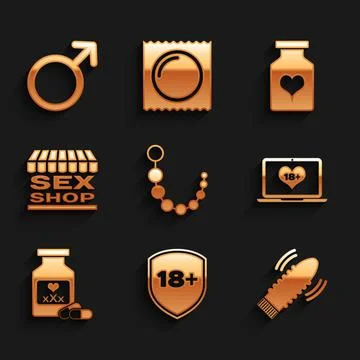 Set Anal beads, Shield with 18 plus, Dildo vibrator for sex games, Laptop Ilustración de archivo