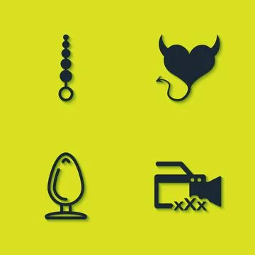 Set Anal beads, Video camera with Sex, plug and Devil heart horns icon. Vector Stockillustratie