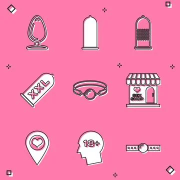 Set Anal plug, Condom safe sex, Silicone ball gag, Sex shop building, Location Ilustración de archivo
