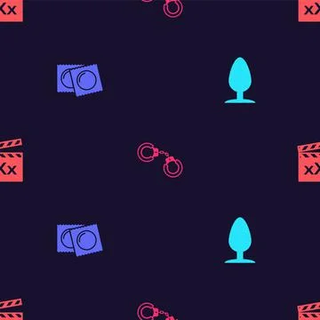 Set Anal plug, Condoms in package, Sexy fluffy handcuffs and Movie clapper with Stock-Illustration