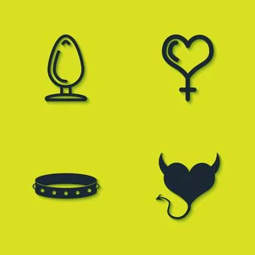Set Anal plug, Devil heart with horns, Leather fetish collar and Female gender Stock Illustration