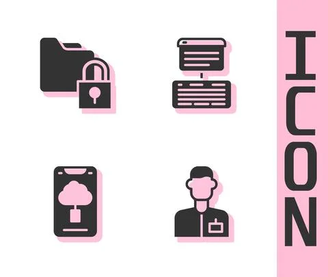 Set Analyst engineer, Folder and lock, Cloud technology data transfer and Server Stock Illustration