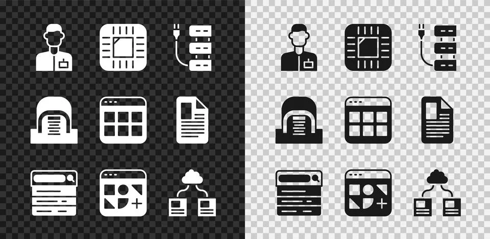 Set Analyst engineer, Processor with CPU, Server, Search, Different files, Cloud Stock Illustration