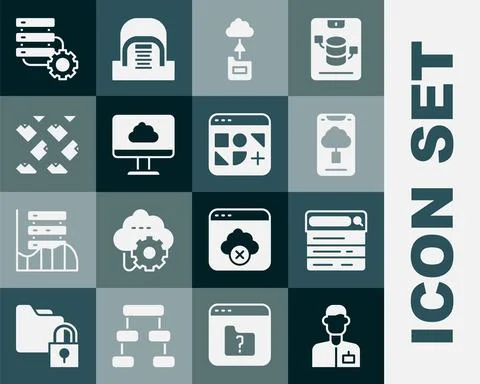 Set Analyst engineer, Search, Cloud technology data transfer, Data stream Stock Illustration