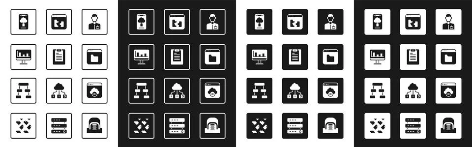 Set Analyst engineer, Server, Data report, Monitor with graph chart, Cloud Stock Illustration