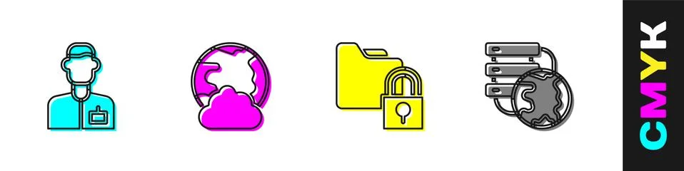 Set Analyst engineer, Social network, Folder and lock and Network cloud Stock Illustration