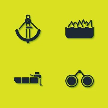 Set Anchor, Binoculars, Inflatable boat with motor and Sharp stone reefs icon Stock Illustration