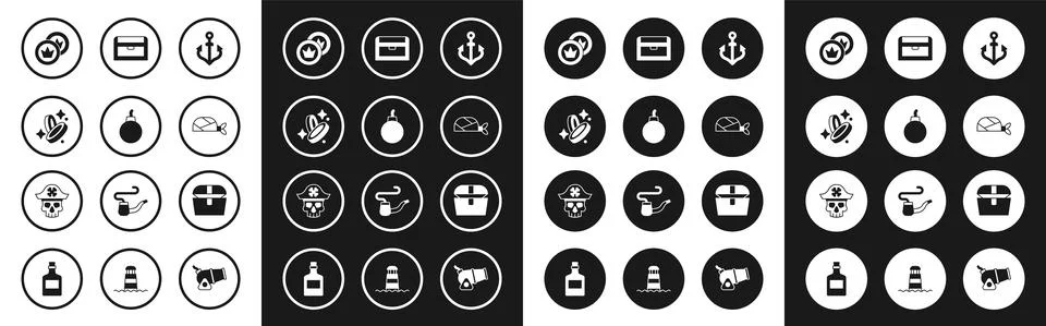 Set Anchor, Bomb ready to explode, Pirate coin, bandana for head, Antique Stock Illustration