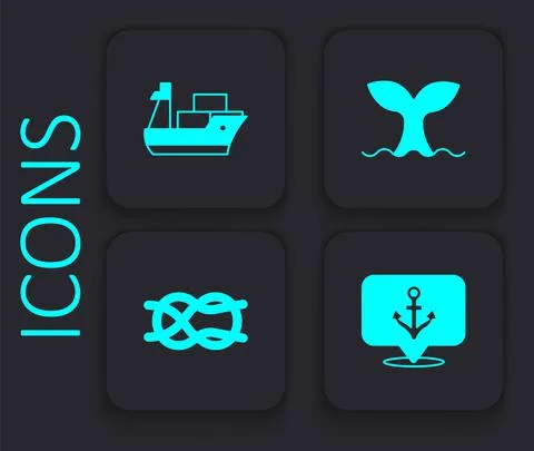 Set Anchor, Cargo ship, Whale tail and Nautical rope knots icon. Black square Stock Illustration