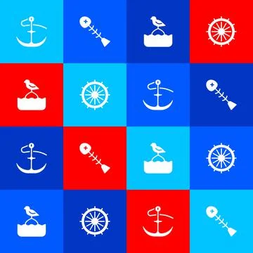 Set Anchor, Dead fish, Seagull sits on buoy and Ship steering wheel icon. Vector Illustrazione stock