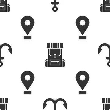 Set Anchor, Hiking backpack and Location on seamless pattern. Vector 库存插图