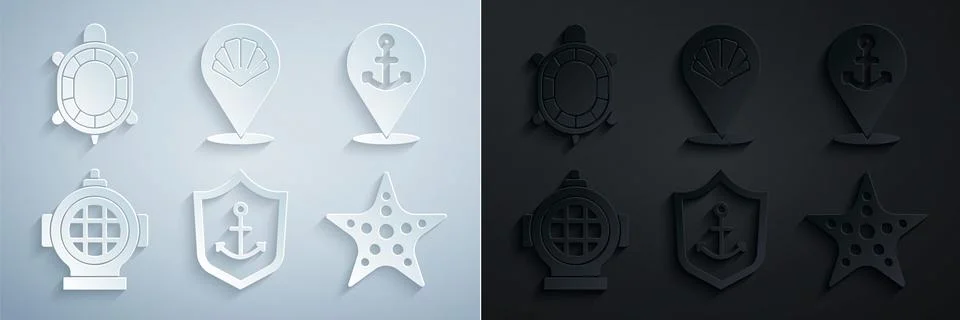 Set Anchor inside shield, Location with anchor, Aqualung, Starfish, Scallop.. Stock Illustration