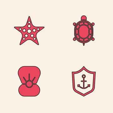 Set Anchor inside shield, Starfish, Turtle and Shell with pearl icon. Vector Stock Illustration