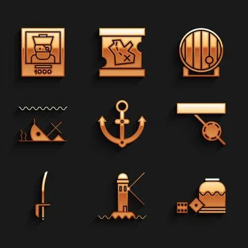 Set Anchor, Lighthouse, Pirate game dice, eye patch, sword, Sunken ship, Wooden Illustrazione stock