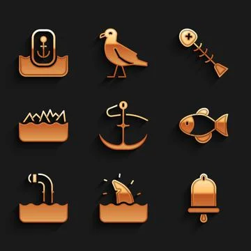 Set Anchor, Shark fin in ocean wave, Ship bell, Fish, Periscope, Sharp stone  Stock Illustration