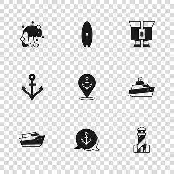 Set Anchor, Speedboat, Lighthouse, Location with anchor, Binoculars, Tsunam.. Stock Illustration