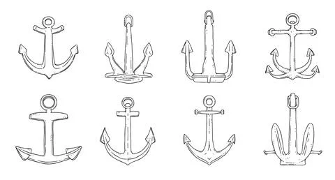 Set of anchors. Vector black white doodle sketch outline isolated illustration. Stock Illustration