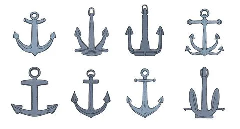 Set of anchors vector doodle sketch outline isolated illustration. Stock Illustration