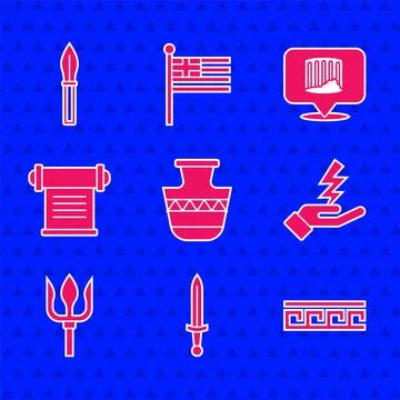 Set Ancient amphorae, Medieval sword, Greek pattern, Zeus, Neptune Trident Stock Illustration