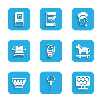 Set Ancient amphorae, Neptune Trident, Olympic rings, Trojan horse, Greek Stock Illustration