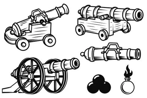 Set of ancient cannons illustrations. Design elements for logo, Illustrazione stock
