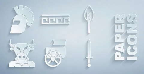 Set Ancient chariot, Torch flame, Minotaur, Medieval sword, Greek pattern and Stock Illustration