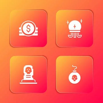 Set Ancient coin, Magic ball, Grave with tombstone and Bomb ready explode icon Stock Illustration