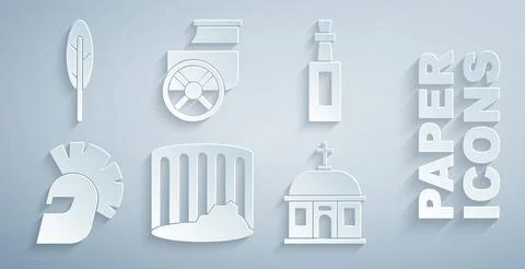 Set Ancient column, Bottle of olive oil, Greek helmet, Santorini building Ilustración de archivo