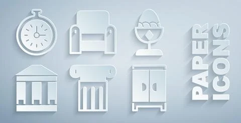 Set Ancient column, Chicken egg on a stand, Museum building, Wardrobe, Armchair Ilustración de archivo