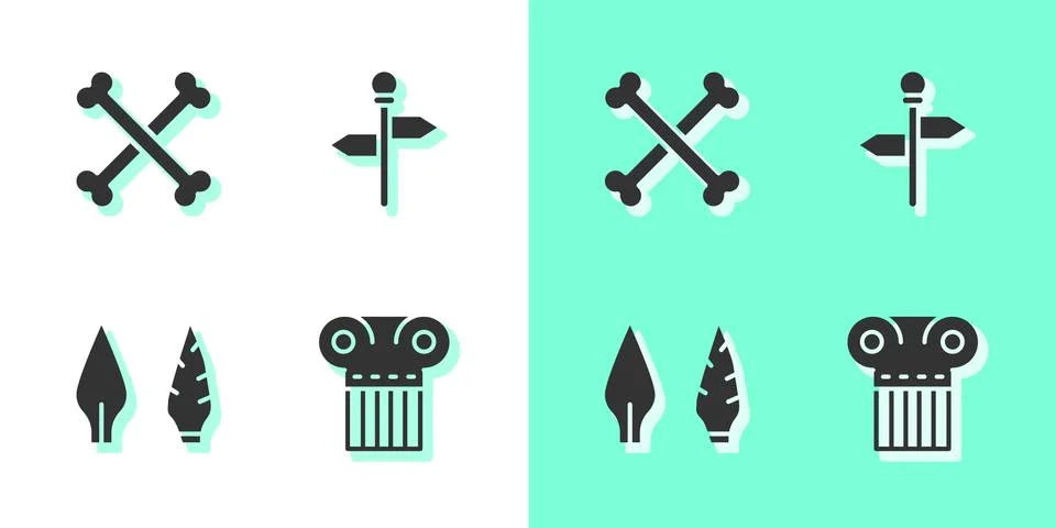 Set Ancient column, Crossed human bones, Stone age arrow head and Road traffic Stock Illustration