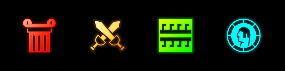 Set Ancient column, Crossed medieval sword, Greek pattern and coin icon. Vector Stock Illustration